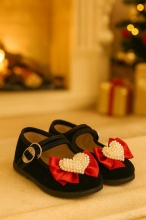 BLACK MERCEDITAS & RED BOW WITH HEART DETAIL