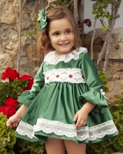 IN23-44 GREEN VELVET DRESS WITH HAND-MADE SMOCK & HAIRCLIP TO MATCH