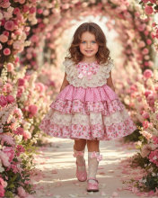 VE25-17 Vestido de volantes rosas y corazones+lazo del pelo