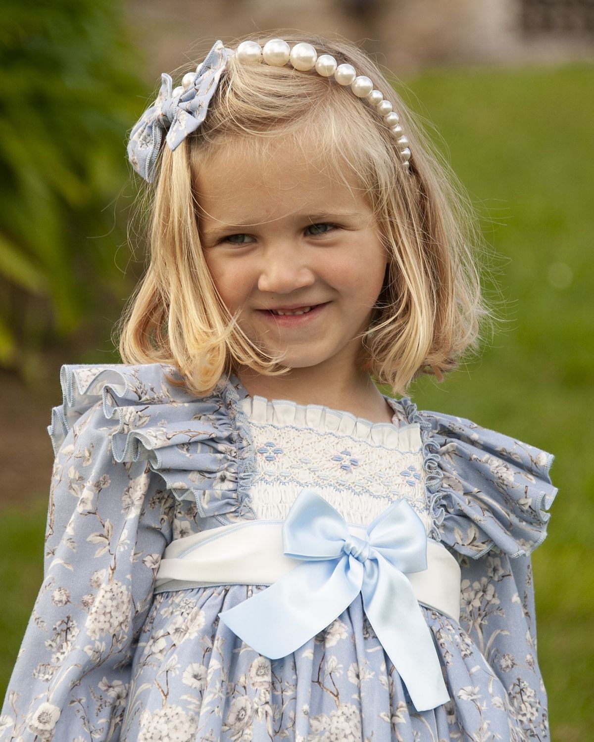 IN23-39 FLORAL SMOCKED BABY BLUE DRESS & HAIRCLIP 