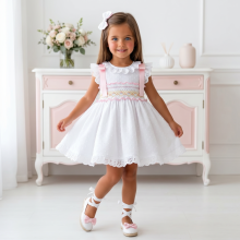 VE26-31 VESTIDO SMOCK PLUMETTI BLANCO+ lazo pelo