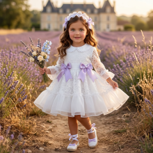 VE26-27 WHITE LACE DRESS WITH LILAC BOW