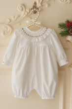 In25-22 Romper with smocking COLLAR and babys name embroidered IN CUFFIN