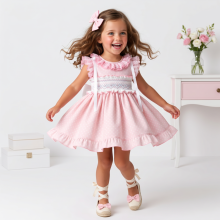VE26-30 VESTIDO SMOCK LUNARES ROSA+ lazo pelo