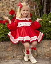 IN23-43 RED VELVET DRESS WITH HAND-MADE SMOCK & HAIRCLIP