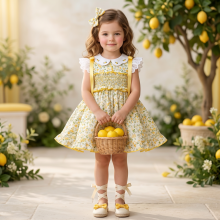 VE26-32 VESTIDO SMOCK FLORES AMARILLAS+ lazo pelo